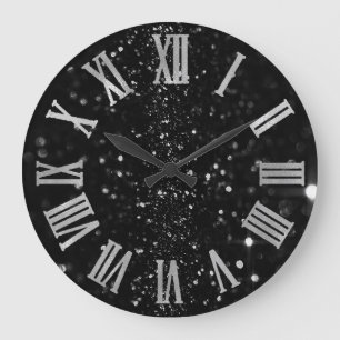 Reloj Redondo Grande Purpurina gráfico negro números romanos grises