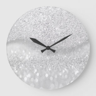 Reloj Redondo Grande Purpurina gris plateado blanco Glam de ormbre míni