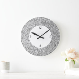 Reloj Redondo Grande Purpurina gris plateado brillante blanco negro