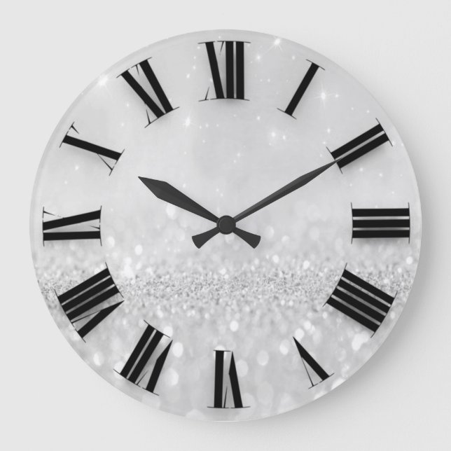 Reloj Redondo Grande Purpurina gris plateado Números romanos mínimos (Anverso)