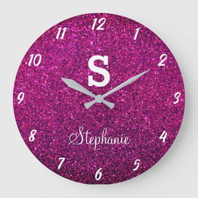 Reloj Redondo Grande Purpurina Monogramas Púrpura Pink Modern Gift Favo (Anverso)