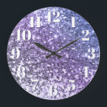 Reloj Redondo Grande Purpurina morado de Ombre Chunky<br><div class="desc">Foto de una purpurina púrpura y azul oscura, oscura, secuencial o confetti con grosero borrón y falsos gordos blancos gordos con una sombra azul oscura en un reloj de pared personalizado para ella. Aunque no lo puse como plantilla, puedes usar tu propia foto. También puede cambiar el color del texto...</div>