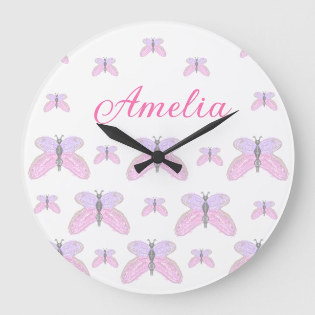 Reloj Redondo Grande Purpurina morado rosa mariposa agregar letra de no (Anverso)