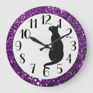 Reloj Redondo Grande Purpurina morado y gato negro