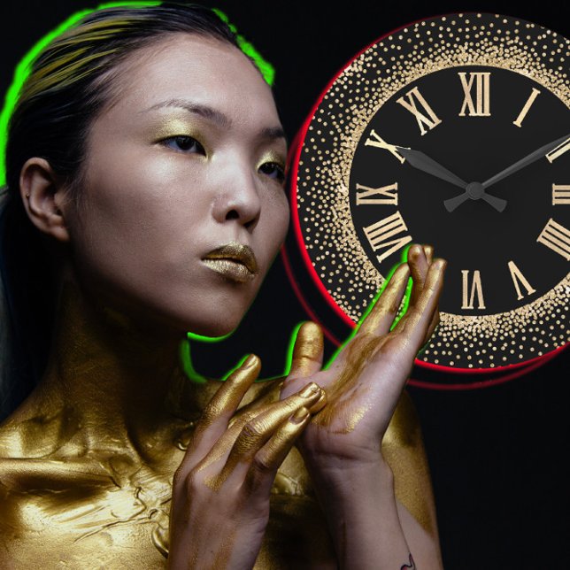 Reloj Redondo Grande Purpurina negro Champaigne números romanos falsos (Black Glitter Gold Champaigne Faux Roman Numbers Large Clock)