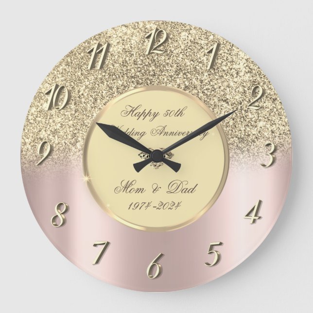 Reloj Redondo Grande Purpurina Ombre Rosa Oro 50 aniversario Boda (Anverso)