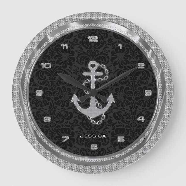 Reloj Redondo Grande Purpurina plateado Anclaje nautico fondo negro (Anverso)