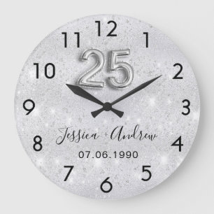 Reloj Redondo Grande purpurina plateado del 25 aniversario del boda