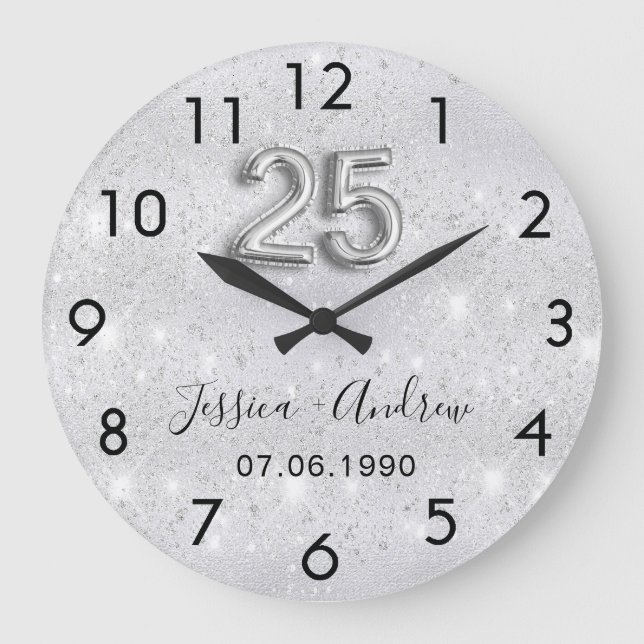 Reloj Redondo Grande purpurina plateado del 25 aniversario del boda (Anverso)
