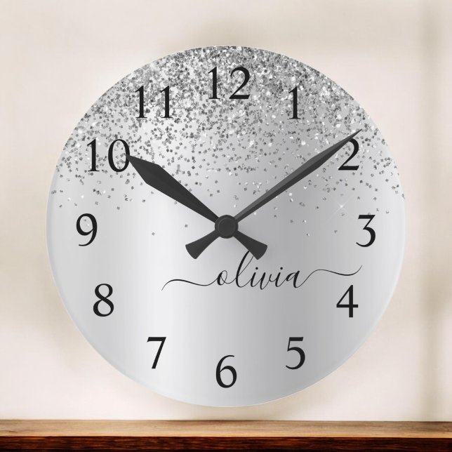 Reloj Redondo Grande Purpurina plateado Glam Monograma Metalizado Nombr (Subido por el creador)