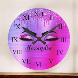 Reloj Redondo Grande Purpurina púrpura Esparkle Eyelashes Monograma Nom