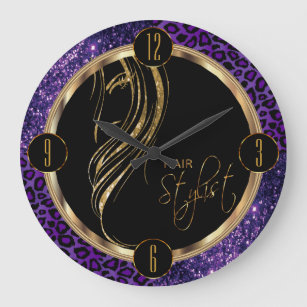 Reloj Redondo Grande Purpurina púrpura y impresión de leopardo de pelo 