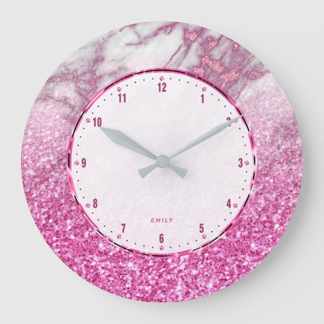 Reloj Redondo Grande Purpurina rosa con mármol blanco y rosa (Anverso)