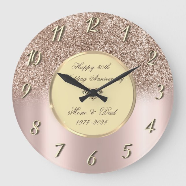 Reloj Redondo Grande Purpurina Rosa Ombre 50° aniversario Boda (Anverso)