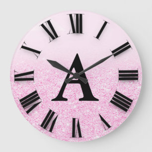 Reloj Redondo Grande Purpurina rosa Ombre Monograma Números romanos