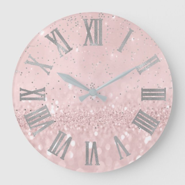 Reloj Redondo Grande Purpurina rosado de plata Cpnfetti Numers romano (Anverso)