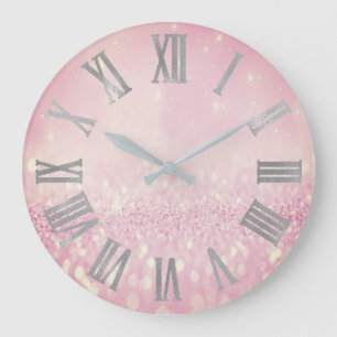 Reloj Redondo Grande Purpurina rosado Rubor Numers romanos metálicos