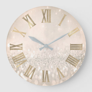 Reloj Redondo Grande Purpurina Sepia Gold Numers romanos Gris Metálico