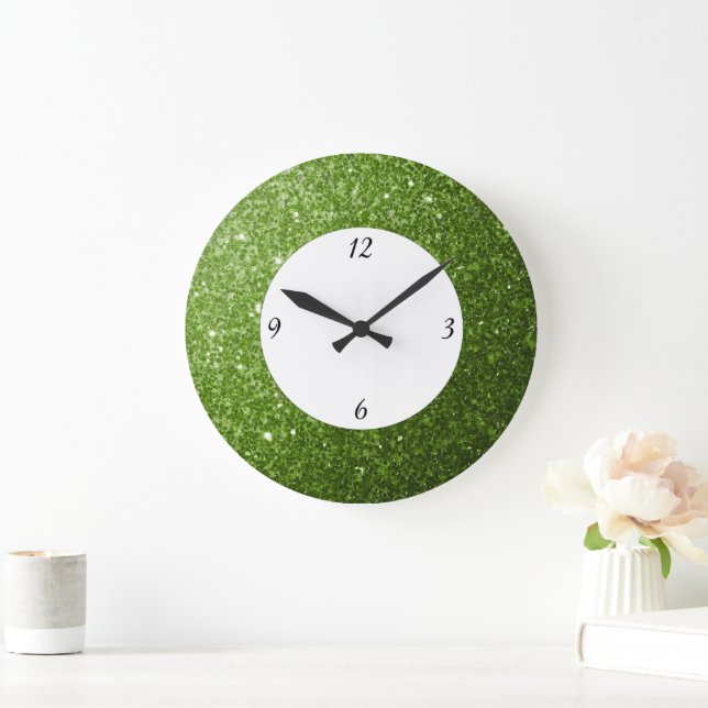 Reloj Redondo Grande Purpurina verde claro brillante con números (Hogar)