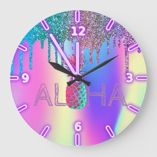 Reloj Redondo Grande Purpurinas holográficos de piña Aloha Hawaiian (Anverso)