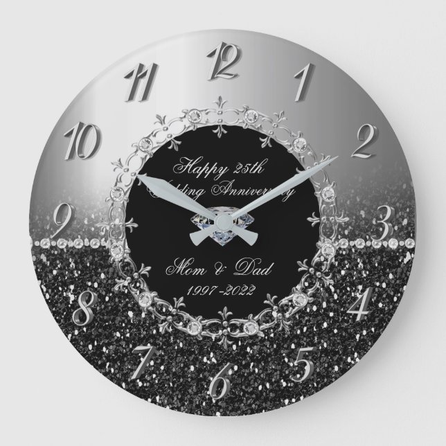 Reloj Redondo Grande Purpurinoso de moda Plata 25° aniversario Boda (Anverso)