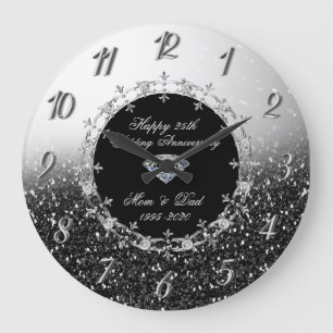 Reloj Redondo Grande Purpurinoso negro plateado 25° aniversario de Boda