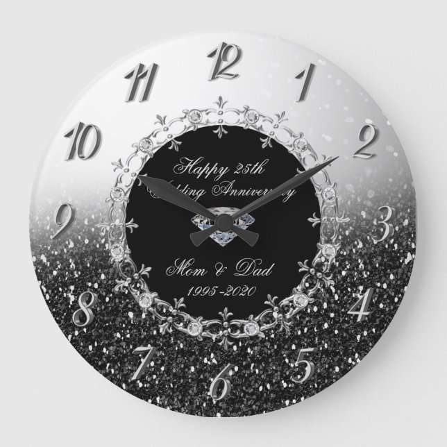 Reloj Redondo Grande Purpurinoso negro plateado 25° aniversario de Boda (Anverso)