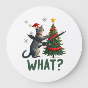 Reloj Redondo Grande Qué divertido gato empujando el árbol de Navidad s