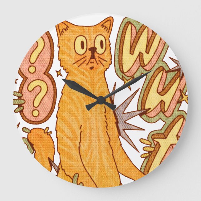 Reloj Redondo Grande ¿Qué? / Un Ilustracion de gato Naranja (Anverso)