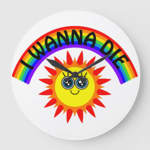 Reloj Redondo Grande Quiero morir - Sol sonriente arcoiris