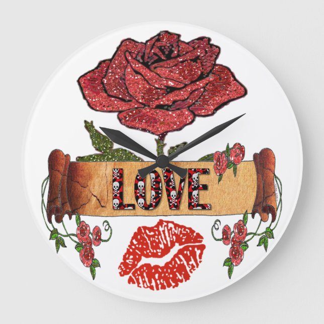Reloj Redondo Grande RAB Rockabilly Valentine Rosas, Love & Lipstick (Anverso)