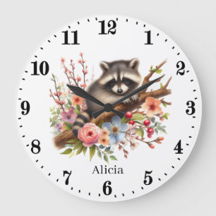 Reloj Redondo Grande Raccoon bebé lindo añada nombre chicas guardería