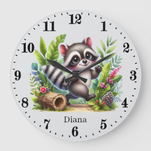 Reloj Redondo Grande Raccoon bebé lindo añada nombre chicas guardería
