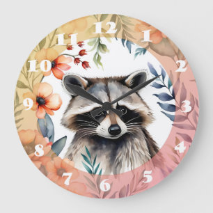 Reloj Redondo Grande Raccoon lindo entre las flores