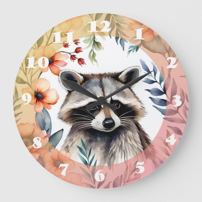 Reloj Redondo Grande Raccoon lindo entre las flores (Anverso)