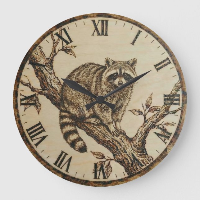 Reloj Redondo Grande Raccoon Wall Clock - Rustic Cabin Decor (Anverso)