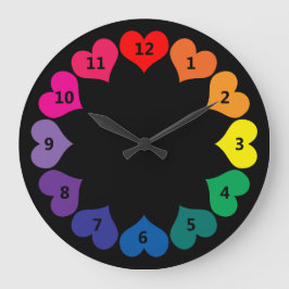 Reloj Redondo Grande Rainbow Color Hearts on Black Clock with Numbers