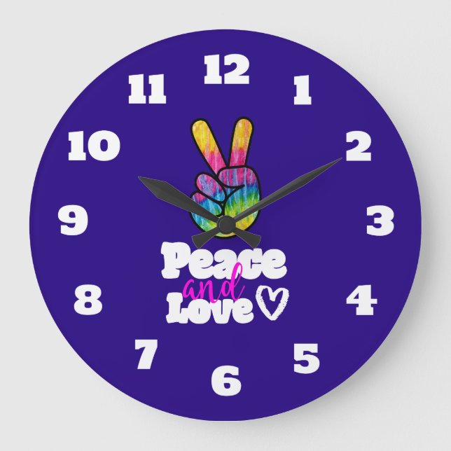 Reloj Redondo Grande Rainbow Hand Peace Sign Peace and Love Typography (Anverso)