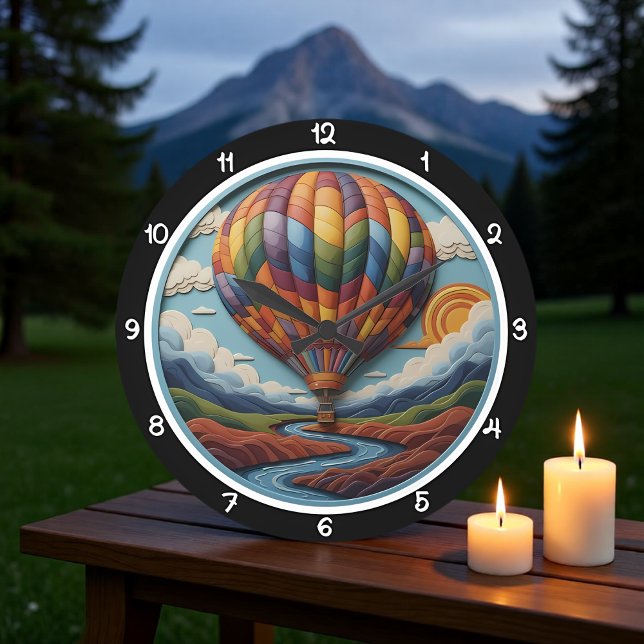 Reloj Redondo Grande Rainbow Hot Air Balloon Over River (Subido por el creador)