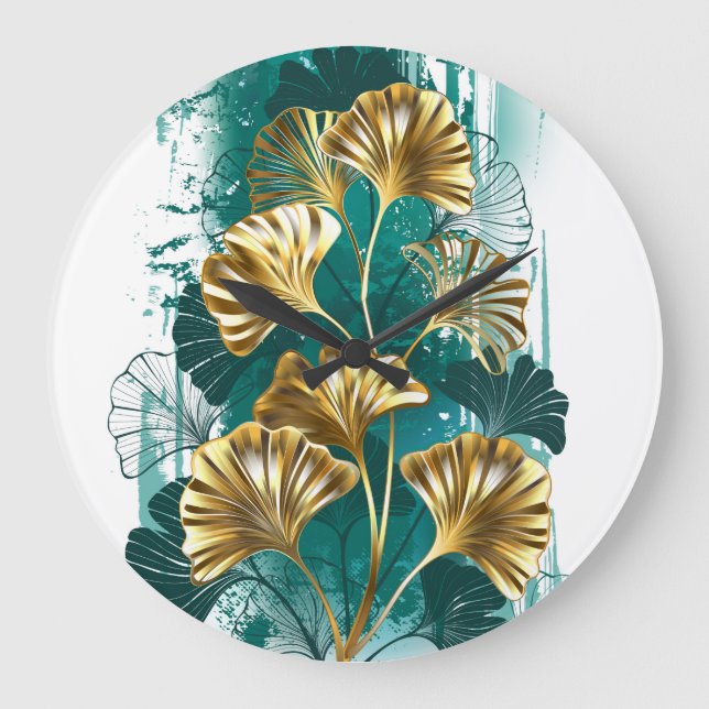 Reloj Redondo Grande Rama con hojas doradas Ginko Biloba (Anverso)