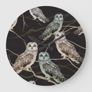 Reloj Redondo Grande Rama de búho: Percha solitaria de pájaro.