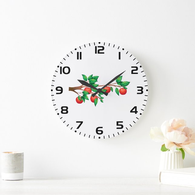Reloj Redondo Grande Rama roja de manzanos: fruta fresca y hojas verdes (Subido por el creador)