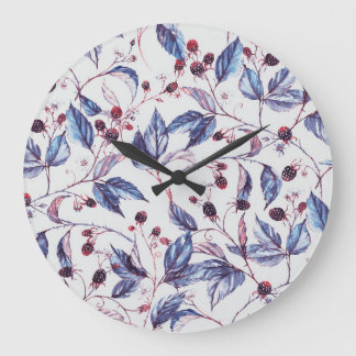 Reloj Redondo Grande Ramas de Blackberry: Patrón de acuarela de época.
