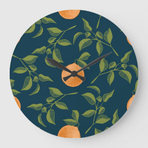 Reloj Redondo Grande Ramas de cítricos de Naranja de fondo oscuro