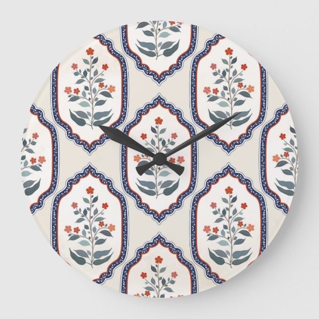 Reloj Redondo Grande Ramas de flores orientales: Indio Kalamkari. (Anverso)