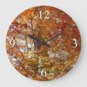 Reloj Redondo Grande Ramas de Hojas Naranjas Naturaleza de Otoño