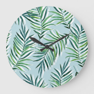Reloj Redondo Grande Ramas De Palma, Acuarela De Mano Sin Marea.
