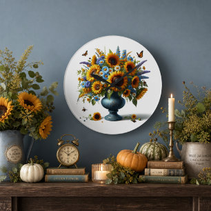 Reloj Redondo Grande Ramo de girasoles de otoño Flor botánica vintage