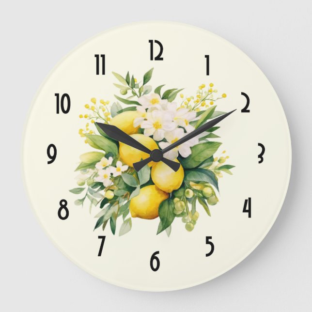 Reloj Redondo Grande Ramo de limón con flores blancas (Anverso)