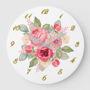 Reloj Redondo Grande Ramo de rosas pintadas de rosa y números dorados